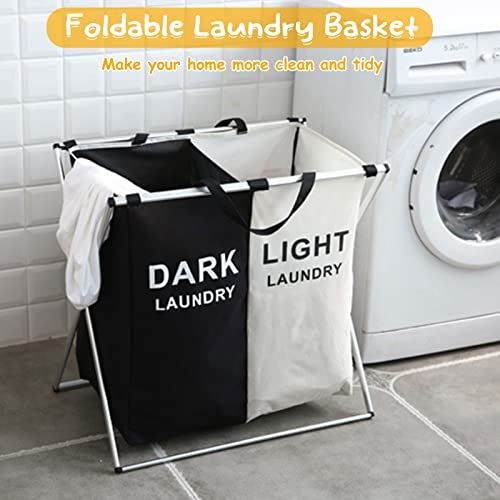 Laundry Basket, 136L Laundry Hamper 2 Section Clothes Laundry Bin Sorter, Waterproof Foldable Washing Storage Bags for Dirty Clothes, Toys, Towel in Bathroom Bedroom Organization (White+Black)