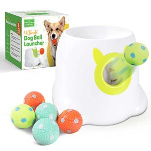 the thoughts of fun co. automatic dog ball launcher/thrower- dog fetch machine for small to medium sized dogs, great exercise for dogs with 6 latex balls, dual power supply