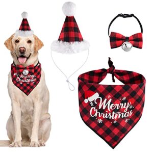 Christmas Dog Bandanas 3 Piece Dog Santa Hat Scarf Bow Tie Set Buffalo Plaid Bib Costume for Pet Christmas Outfit for Small Medium Dogs Cats