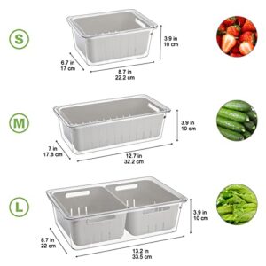 Puricon (2 Pack) Fresh Food Containers for Fridge, Fruit Storage Vegetable Keeper Produce Saver with Colander & Lid, Stackable Refrigerator Organizers for Salad Berry Lettuce, BPA Free -Small