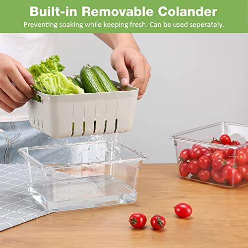 Puricon (2 Pack) Fresh Food Containers for Fridge, Fruit Storage Vegetable Keeper Produce Saver with Colander & Lid, Stackable Refrigerator Organizers for Salad Berry Lettuce, BPA Free -Small