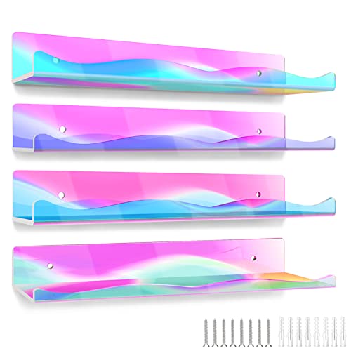 ULENDIS 4 Packs Large Iridescent Clear Acrylic Floating Shelf Wall Mount, 15.7" Wall Ledge Bookshelf with Installation Hardware, Shelf Display Organizer for Bathroom Bedroom Nursery Kitchen