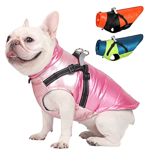 Beirui Waterproof Dog Winter Coat with Harness - Warm Zip Up Puffer Vest Dog Jacket with Dual D Rings - Reflective Cold Weather Dog Clothes for Puppy Small Medium Dogs,Pink(Chest 18”)