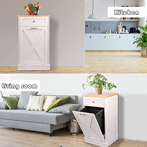 TOLEAD Tilt Out Trash Cabinet Free Standing 10 Gallon Recycling Trash Can Cabinet with Barn Door for Farmhouse Kitchen,Living Room, Dining Room, White