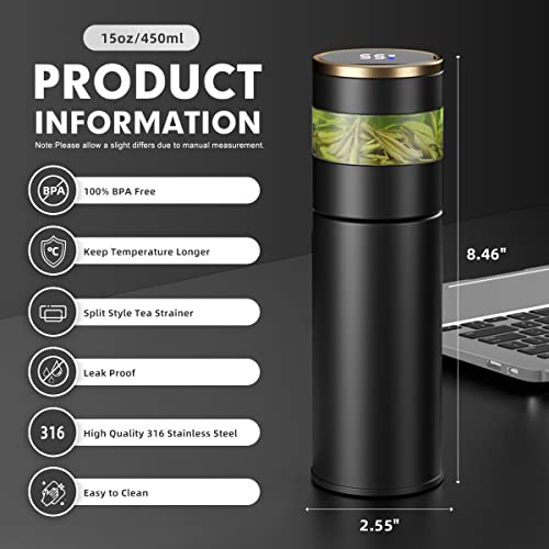 Tea Infuser Bottle - Coffee thermos - Smart Sports Water Bottle with LED Temperature Display,Double Wall Vacuum Insulated Water Bottle - Travel Tea Mug with Stainless Steel Filter (Black)