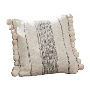 benjara 18 inch decorative throw pillow cover, textured, pom pom edges, cream