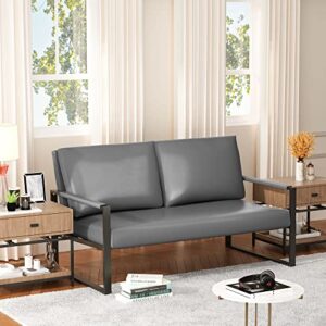 awqm faux leather loveseat, mid-century modern loveseat sofa for small spaces, small pu leather upholstered sofas and couch with metal armrest for living room, bedroom and office, grey