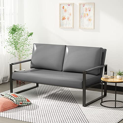 AWQM Faux Leather Loveseat, Mid-Century Modern Loveseat Sofa for Small Spaces, Small PU Leather Upholstered Sofas and Couch with Metal Armrest for Living Room, Bedroom and Office, Grey