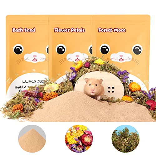 LUVCOSY Hamster Bedding Bundle = 3lb Bath Sand + 5oz Flower Petals + 4oz Dry Forest Moss, Cage Accessories, Habitat Decor, Odor Control for Syrian Hamster, Guinea Pig, Reptile & Small Animals