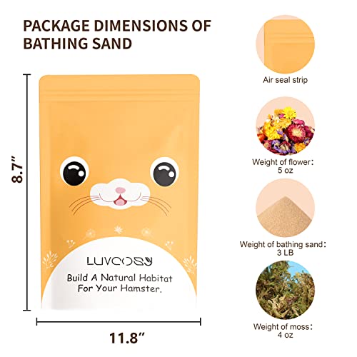 LUVCOSY Hamster Bedding Bundle = 3lb Bath Sand + 5oz Flower Petals + 4oz Dry Forest Moss, Cage Accessories, Habitat Decor, Odor Control for Syrian Hamster, Guinea Pig, Reptile & Small Animals