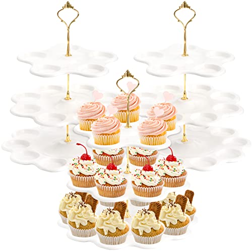 Tosnail 3 Packs 3 Tiers Plastic Cupcake Stand Dessert Stand, Tiered Serving Trays with Gold Rod, Cake Stand, Party Serving Trays Candy Pastry Holders for Wedding and Party - 23 Cavity