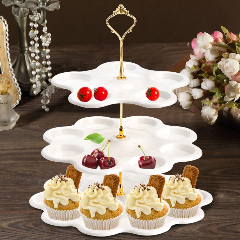 Tosnail 3 Packs 3 Tiers Plastic Cupcake Stand Dessert Stand, Tiered Serving Trays with Gold Rod, Cake Stand, Party Serving Trays Candy Pastry Holders for Wedding and Party - 23 Cavity