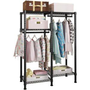 ulif f1 garment rack for kids, baby, students, and children's room, 4 tiers freestanding and portable heavy duty closets, small metal clothes rack with 2 hanging rod, 31.2”w x 11.8”d x 48”h, black