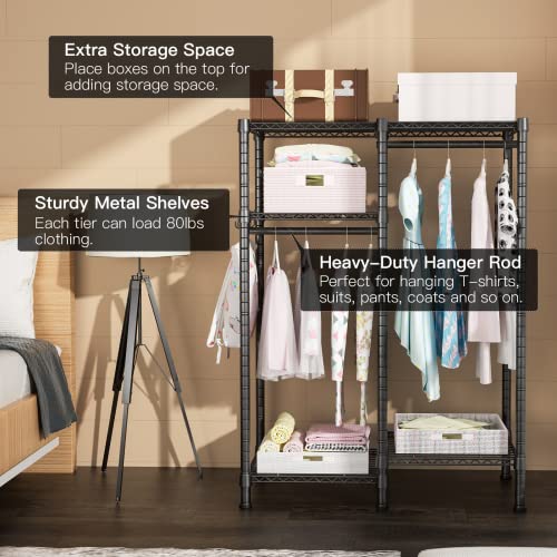 Ulif F1 Garment Rack for Kids, Baby, Students, and Children's Room, 4 Tiers Freestanding and Portable Heavy Duty Closets, Small Metal Clothes Rack with 2 Hanging Rod, 31.2”W x 11.8”D x 48”H, Black