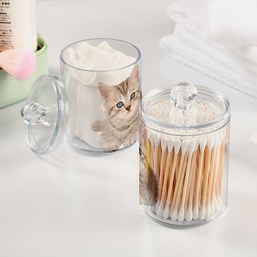 Sletend 2 Pack Plastic Qtips Holder Cat Animal Cute Bathroom Organizer Canisters for Cotton Balls/Swabs/Pads/Floss,Plastic Apothecary Jars for Vanity