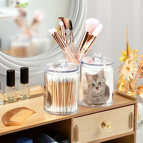 Sletend 2 Pack Plastic Qtips Holder Cat Animal Cute Bathroom Organizer Canisters for Cotton Balls/Swabs/Pads/Floss,Plastic Apothecary Jars for Vanity