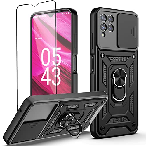 Dretal for T-Mobile REVVL 6X Pro 5G Case, REVVL 6X Pro 5G Case with Stand Kickstand Ring and Camera Cover with Tempered Glass Screen Protector, Military Grade Shockproof Protective Cover (TC-Black)