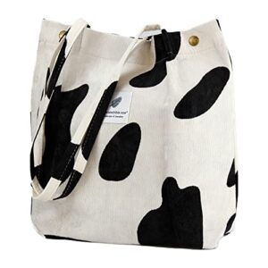 topasion corduroy tote bag for women cute reusable bag with inner pocket for shopping grocery beach (cow)