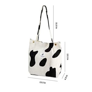 TOPASION Corduroy Tote Bag for Women Cute Reusable Bag with Inner Pocket for Shopping Grocery Beach (Cow)