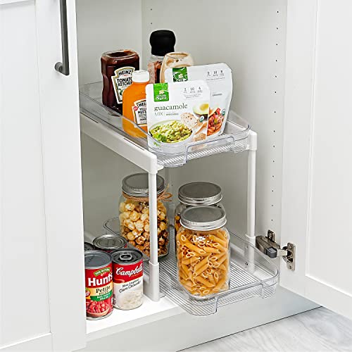 CAXXA 2 Tier Under Sink Cabinet Organizer Slide-Out Storage Drawer with Hooks for Kitchen, Bathroom,Vanity Counter (Clear)