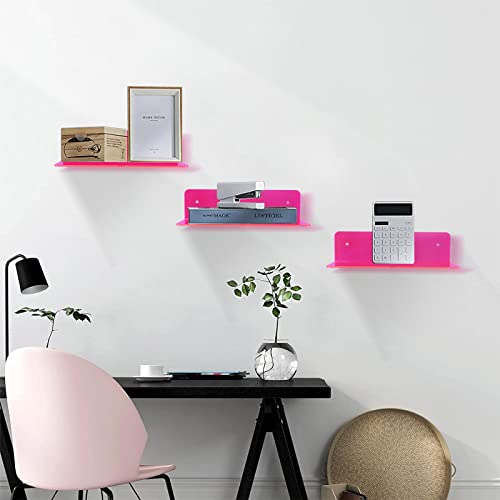 Acrylic Floating Shelves 9 inch 2 Pack Adhesive Wall Shelf for Funko Pop Figure, Plant, Speaker, Small Display Wall Shelves for Bathroom, Bedroom, Gaming Room, Living Room, with Cable Clips - Pink