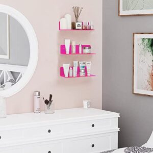 Acrylic Floating Shelves 9 inch 2 Pack Adhesive Wall Shelf for Funko Pop Figure, Plant, Speaker, Small Display Wall Shelves for Bathroom, Bedroom, Gaming Room, Living Room, with Cable Clips - Pink