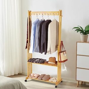 intoboo bamboo garment rack, clothes hanging rack with 2 tier storage shelves, heavy duty clothing rack & storage organizer, movable & easy to assemble