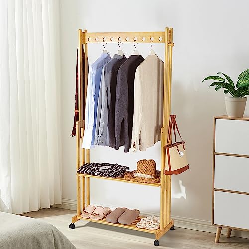 INTOBOO Bamboo Garment Rack, Clothes Hanging Rack with 2 Tier Storage Shelves, Heavy Duty Clothing Rack & Storage Organizer, Movable & Easy to Assemble