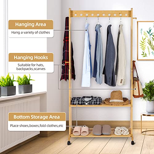 INTOBOO Bamboo Garment Rack, Clothes Hanging Rack with 2 Tier Storage Shelves, Heavy Duty Clothing Rack & Storage Organizer, Movable & Easy to Assemble
