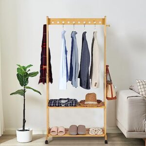 INTOBOO Bamboo Garment Rack, Clothes Hanging Rack with 2 Tier Storage Shelves, Heavy Duty Clothing Rack & Storage Organizer, Movable & Easy to Assemble