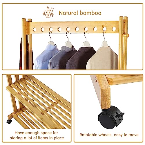 INTOBOO Bamboo Garment Rack, Clothes Hanging Rack with 2 Tier Storage Shelves, Heavy Duty Clothing Rack & Storage Organizer, Movable & Easy to Assemble