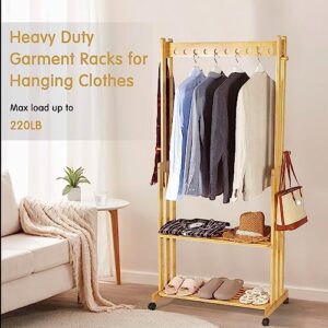INTOBOO Bamboo Garment Rack, Clothes Hanging Rack with 2 Tier Storage Shelves, Heavy Duty Clothing Rack & Storage Organizer, Movable & Easy to Assemble