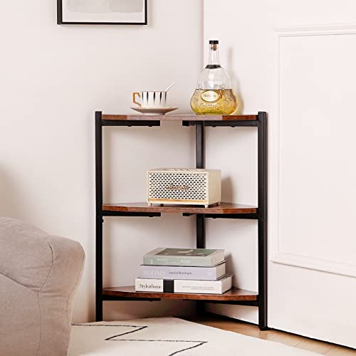 Tiita Corner Shelf, 3 Tier Corner Bookshelf Bookcase, Display Rack Shelf with Metal Frame, Industrial Corner Ladder Shelf Plant Shelf for Living Room, Home, Office, Kitchen