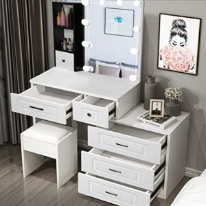jinruis vanity set dressing table with lighted makeup mirror, modern vanity table desk with storage drawers and stool for bedroom, white