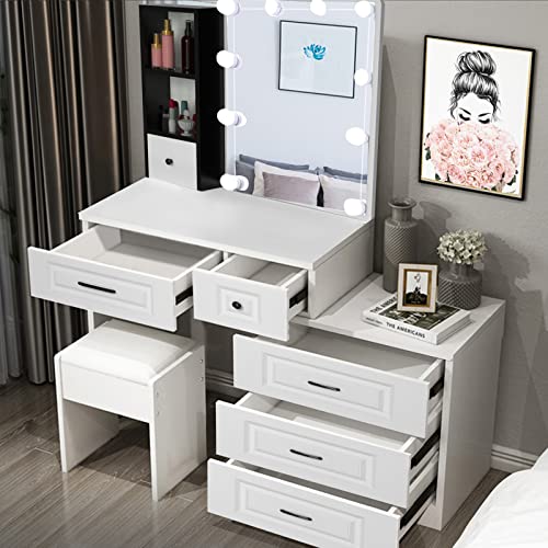 Jinruis Vanity Set Dressing Table with Lighted Makeup Mirror, Modern Vanity Table Desk with Storage Drawers and Stool for Bedroom, White