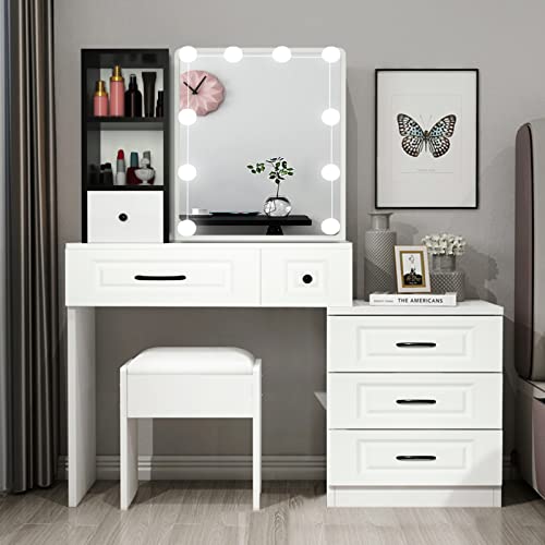 Jinruis Vanity Set Dressing Table with Lighted Makeup Mirror, Modern Vanity Table Desk with Storage Drawers and Stool for Bedroom, White