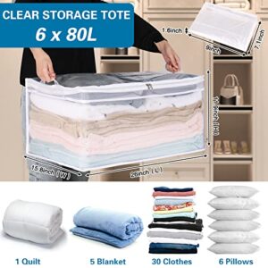 Fixwal 6 Pack Clothes Storage Bag 80L Clothing Storage Bags Organizer Large Clear Storage Bags Contains with Reinforced Handles Zipper Clothes Storage for Bedding Blankets Pillows, Space Saving