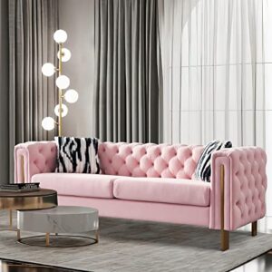 melpomene modern button tufted velvet sofa chesterfield sofa with square arm, gold metal legs and 2 throw pillows for living room (pink)