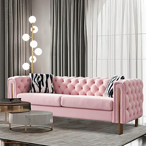 Melpomene Modern Button Tufted Velvet Sofa Chesterfield Sofa with Square Arm, Gold Metal Legs and 2 Throw Pillows for Living Room (Pink)