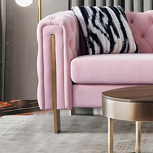 Melpomene Modern Button Tufted Velvet Sofa Chesterfield Sofa with Square Arm, Gold Metal Legs and 2 Throw Pillows for Living Room (Pink)