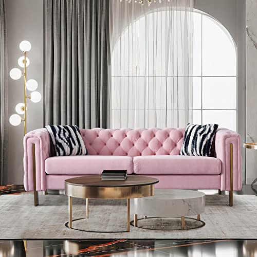 Melpomene Modern Button Tufted Velvet Sofa Chesterfield Sofa with Square Arm, Gold Metal Legs and 2 Throw Pillows for Living Room (Pink)