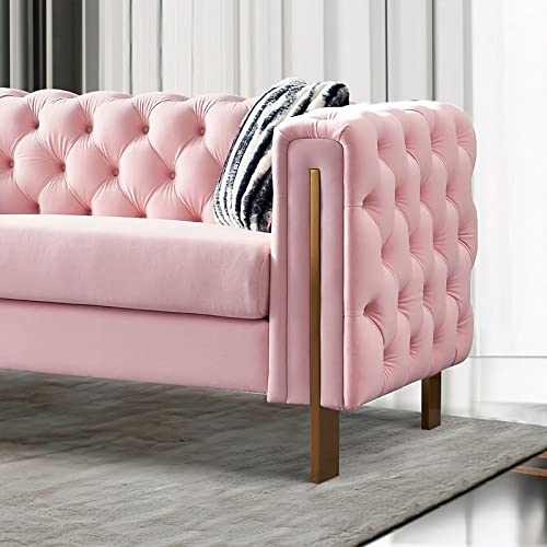 Melpomene Modern Button Tufted Velvet Sofa Chesterfield Sofa with Square Arm, Gold Metal Legs and 2 Throw Pillows for Living Room (Pink)