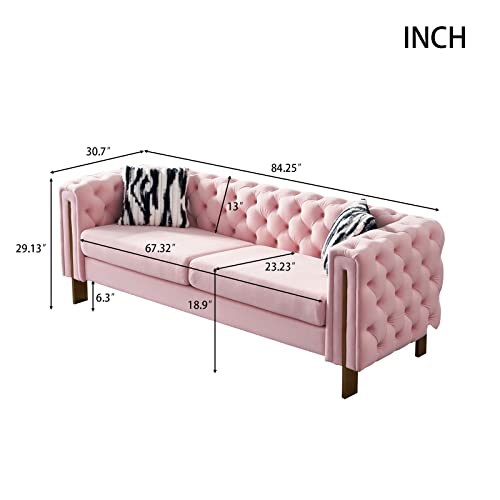 Melpomene Modern Button Tufted Velvet Sofa Chesterfield Sofa with Square Arm, Gold Metal Legs and 2 Throw Pillows for Living Room (Pink)