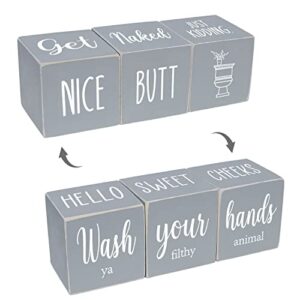 airrioal funny bathroom decor signs,4 sides-nice butt&get naked&hello sweet cheeks&wash your hands rustic decor,wooden cute farmhouse bathroom decor decorations restroom sign,grey 2.8"