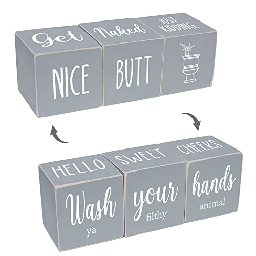 Airrioal Funny Bathroom Decor Signs,4 Sides-Nice Butt&Get Naked&Hello Sweet Cheeks&Wash Your Hands Rustic Decor,Wooden Cute Farmhouse Bathroom Decor Decorations Restroom Sign,Grey 2.8"