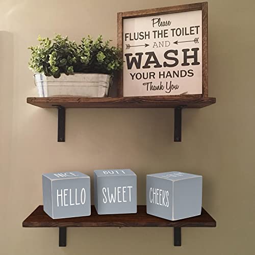 Airrioal Funny Bathroom Decor Signs,4 Sides-Nice Butt&Get Naked&Hello Sweet Cheeks&Wash Your Hands Rustic Decor,Wooden Cute Farmhouse Bathroom Decor Decorations Restroom Sign,Grey 2.8"