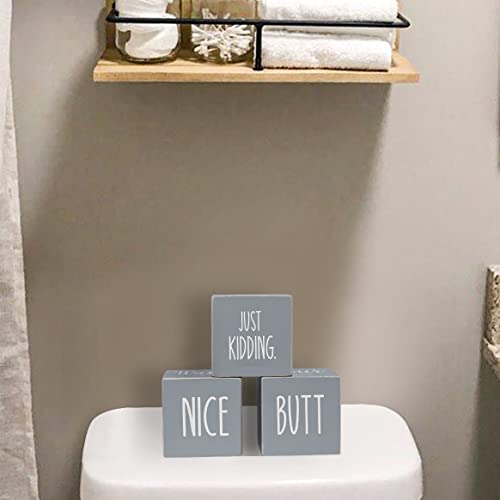 Airrioal Funny Bathroom Decor Signs,4 Sides-Nice Butt&Get Naked&Hello Sweet Cheeks&Wash Your Hands Rustic Decor,Wooden Cute Farmhouse Bathroom Decor Decorations Restroom Sign,Grey 2.8"