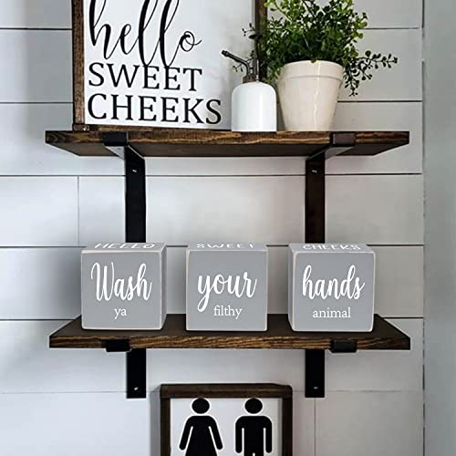 Airrioal Funny Bathroom Decor Signs,4 Sides-Nice Butt&Get Naked&Hello Sweet Cheeks&Wash Your Hands Rustic Decor,Wooden Cute Farmhouse Bathroom Decor Decorations Restroom Sign,Grey 2.8"