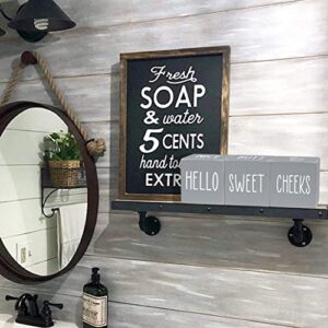 Airrioal Funny Bathroom Decor Signs,4 Sides-Nice Butt&Get Naked&Hello Sweet Cheeks&Wash Your Hands Rustic Decor,Wooden Cute Farmhouse Bathroom Decor Decorations Restroom Sign,Grey 2.8"