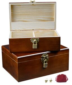 wooden storage box decorative boxes with lock and keys set of 2 large wood keepsake box case with hinged lids memory gift box vintage treasure chest for jewelry trinket stash box crate trunk organizer